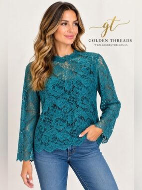 Cato Teal Lace Long Sleeve Blouse